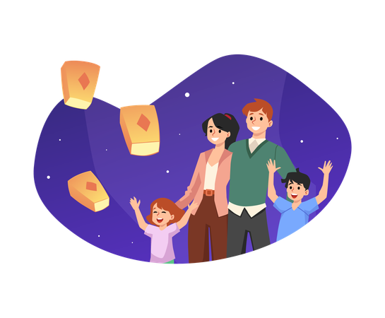 Family launching air lanterns at night  Illustration