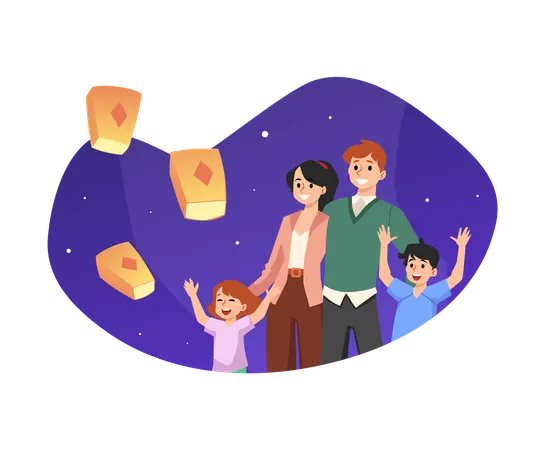 Family launching air lanterns at night  Illustration