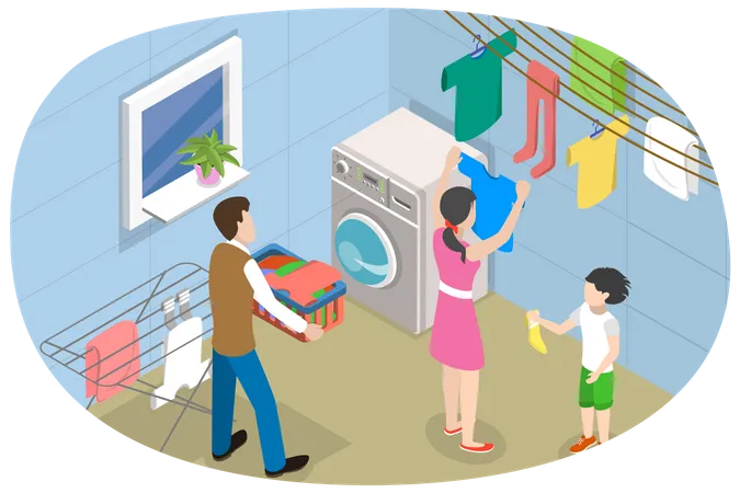 3 D Isometric Flat Vector Conceptual Illustration Of Family Laundry Day Domestic Chores Illustration