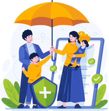 Family Life Happy Family Standing Under an Umbrella Together Protected by Insurance  Illustration