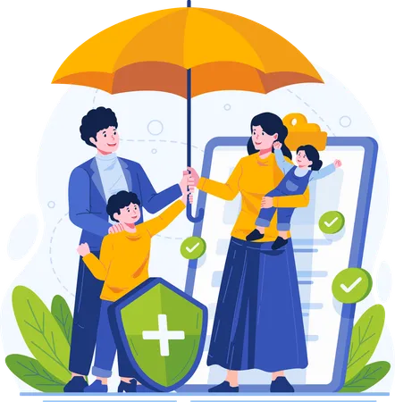 Family Life Insurance Concept Illustration A Happy Family Standing Under An Umbrella Together Protected By Insurance Illustration