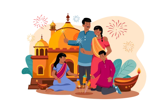 Family lightning fire crackers during Diwali celebration Illustration