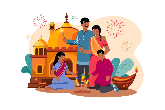 Family lightning fire crackers during Diwali celebration  Illustration