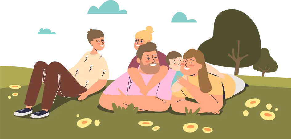 Big Family Together Lying On Green Grass In Summer Park Parents With Three Kids Spend Time Outdoors Happy Young Mom Dad And Children Cartoon Flat Vector Illustration Illustration