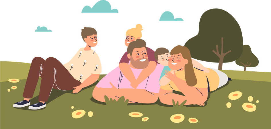 Family lying on grass in park  Illustration