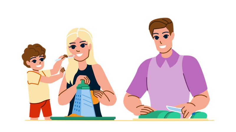 Family making lunch together  イラスト