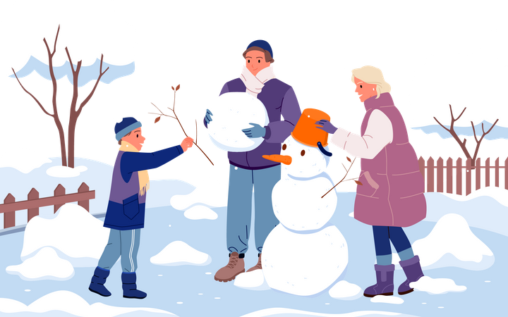 Family making snowman  Illustration