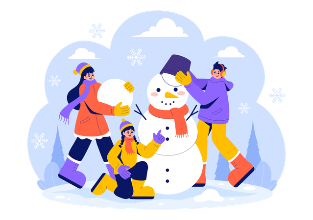 Family making snowman  Illustration