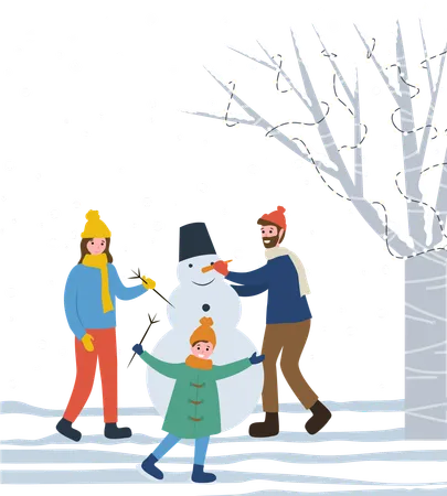 Mother And Father Sculpting Snowman With Carrot Nose And Branch Arms Happy Family Spending Time Outdoors Together Winter Activities In Forest Or Park Vacation Of Kids And Xmas Holidays Vector Illustration