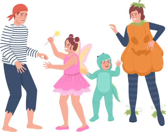 Family Members Having Fun Semi Flat Color Vector Characters Editable Figures Full Body People On White Halloween Masquerade Simple Cartoon Style Illustration For Web Graphic Design And Animation Illustration