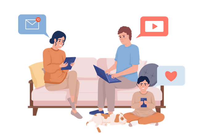 Family members sitting on couch with devices  Illustration