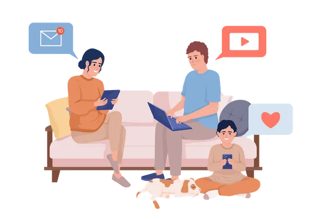 Family Members Sitting On Couch With Devices Semi Flat Color Vector Characters Editable Figures Full Body People On White Simple Cartoon Style Illustration For Web Graphic Design And Animation Illustration