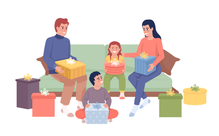 Family members unpacking gifts  Illustration