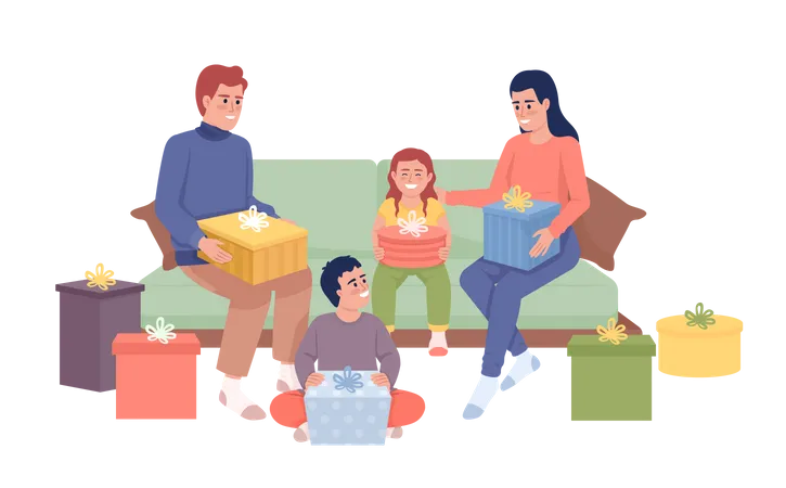 Family Members Unpacking Gifts Semi Flat Color Vector Character Editable Figure Full Body People On White Christmas Simple Cartoon Style Illustration For Web Graphic Design And Animation Illustration