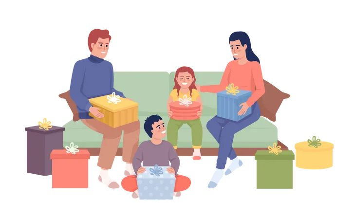 Family members unpacking gifts  Illustration