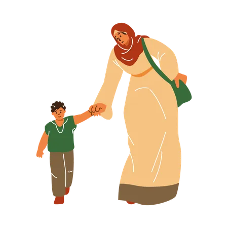 Family moments happy young mother in a hijab holding son's hand  Illustration