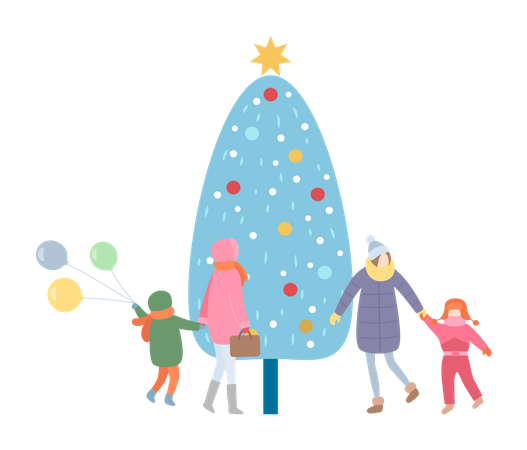 Family Mother and Kid Walking by Christmas Tree Illustration