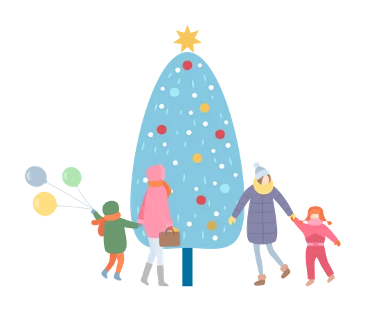 Family Mother and Kid Walking by Christmas Tree  Illustration