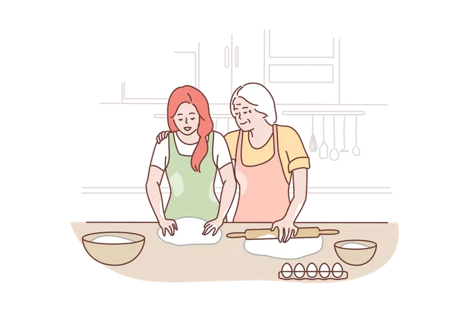 Family Motherhood Cooking Recreation Leisure Love Concept Happy Old Granny Mom Young Smiling Daughter Baking In Kitchen Together Kneading Dough Making Cookies Or Cake Mothers Day Illustration Illustration