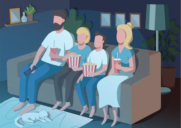 Family Movie Night Flat Color Vector Illustration Mother And Father Watch TV With Children Evening Family Routine Parents And Kids 2 D Cartoon Characters With Interior On Background Illustration