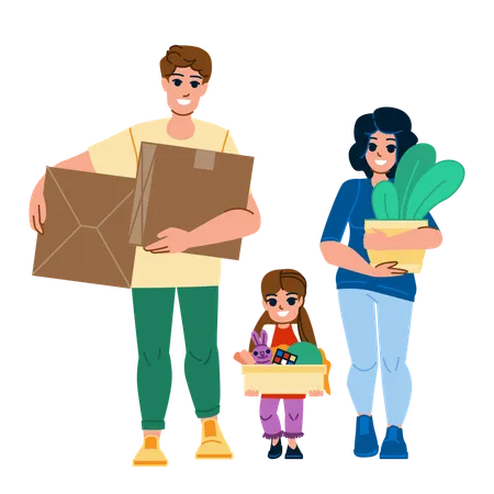Family Moving Vector Home Happy House New Father Mother Child Woman Man Cardboard Girl Family Moving Character People Flat Cartoon Illustration Illustration