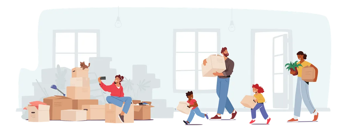 Family Moving Into New House Illustration