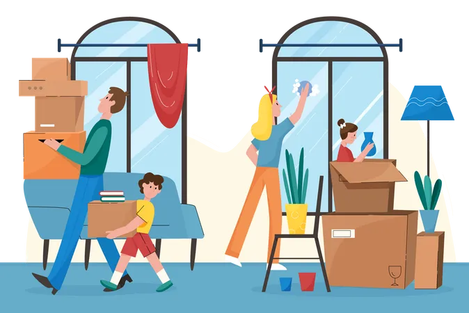 Family moving to new apartment  Illustration