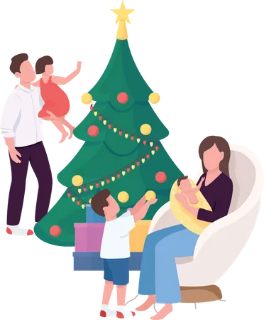 Family near Christmas tree at home Illustration