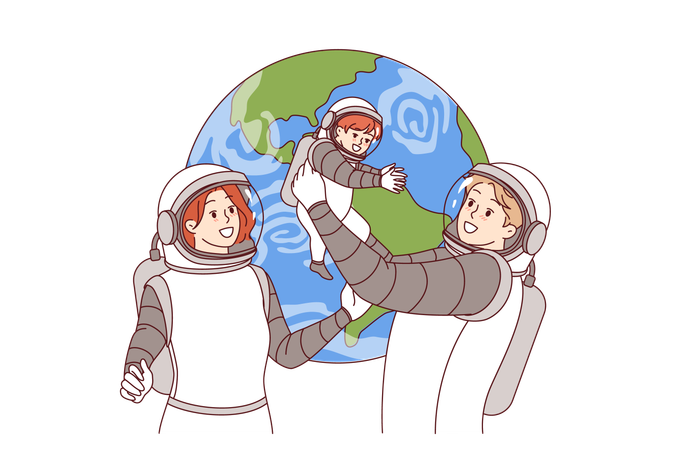 Family of astronauts makes space trip with baby wearing spacesuits to obtain oxygen in zero gravity  Illustration