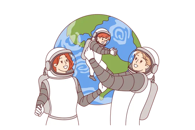 Family of astronauts makes space trip with baby wearing spacesuits to obtain oxygen in zero gravity  Illustration