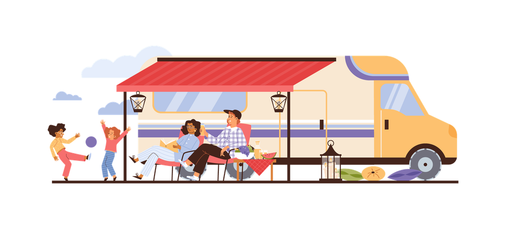 Family of campers resting in nature near trailer  Illustration
