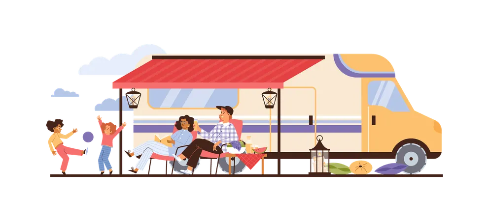 Family of campers resting in nature near trailer  Illustration