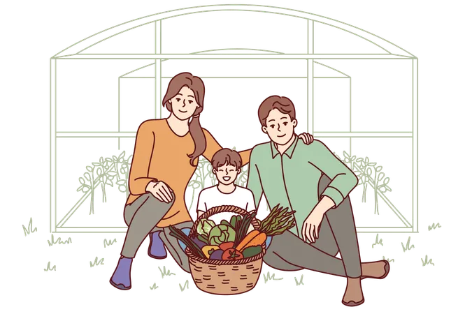 Family Of Farmers With Fresh Harvest Sits Near Greenhouse And Boast Grown Vegetables Happy Parents Together With Son Are Engaged In Farming And Own Greenhouse For Cultivation Of Carrots And Cabbage Illustration