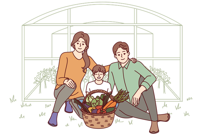 Family of farmers with fresh vegetables  Illustration