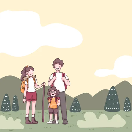 Lovely Family With Father Mother And Cute Girl They Has Backpack To Hiking In Nature On Summer Holidays Cartoon Character Flat Vecter Illustration Illustration