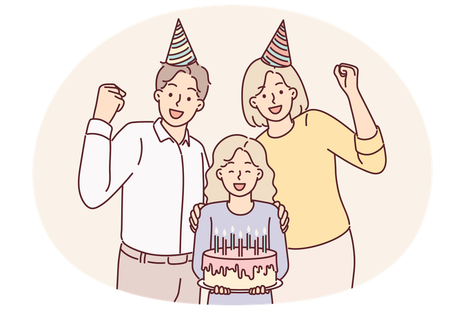 Family of parents with daughter celebrating birthday posing with cake and candles for joint photo  Illustration
