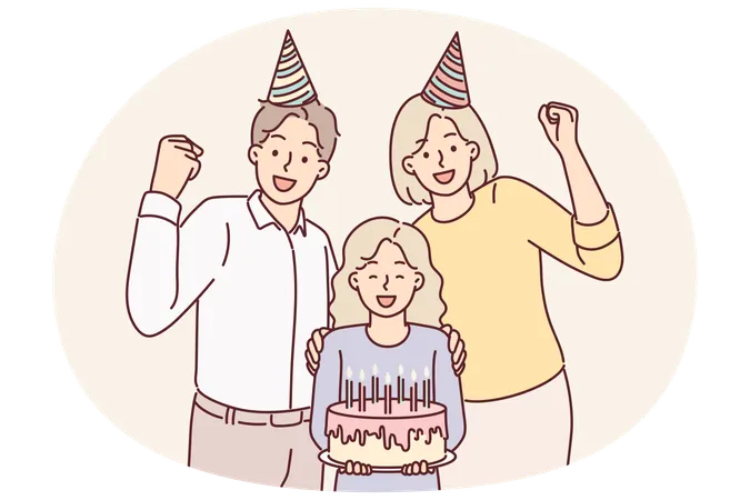 Family of parents with daughter celebrating birthday posing with cake and candles for joint photo  Illustration