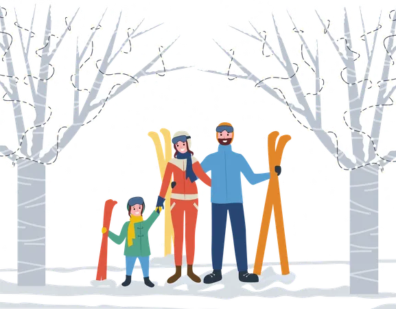 Mother And Father With Daughter Holding Ski Supplies Vacations And Active Lifestyle Of Family Parents And Kid Spending Time In Winter Forest Skiers Wearing Warm Clothes Standing By Trees Vector Illustration