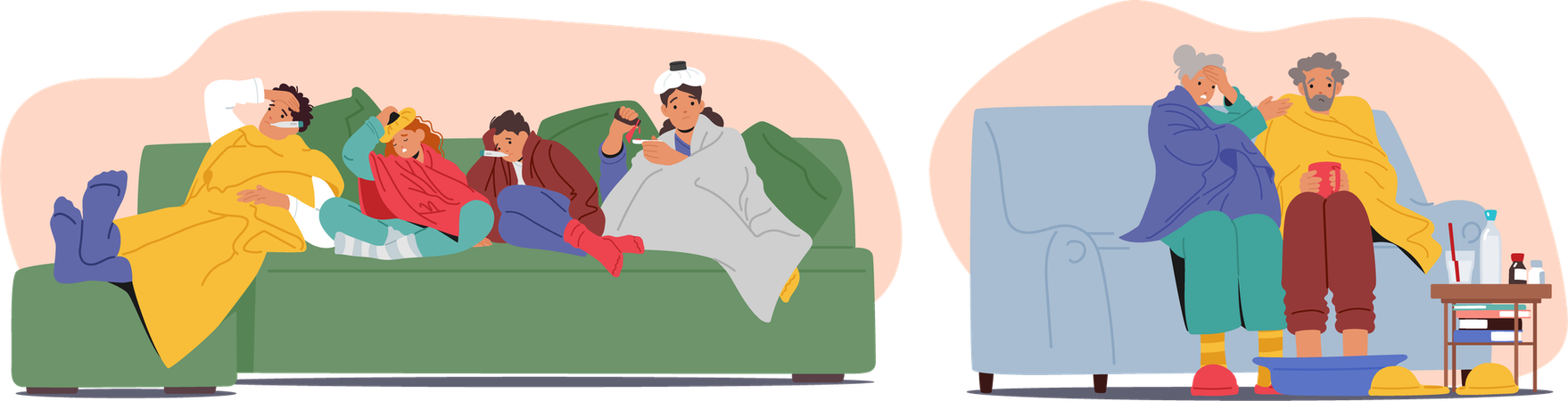 Family Of Various Ages Feeling Unwell Sitting And Lying On Couches  Illustration