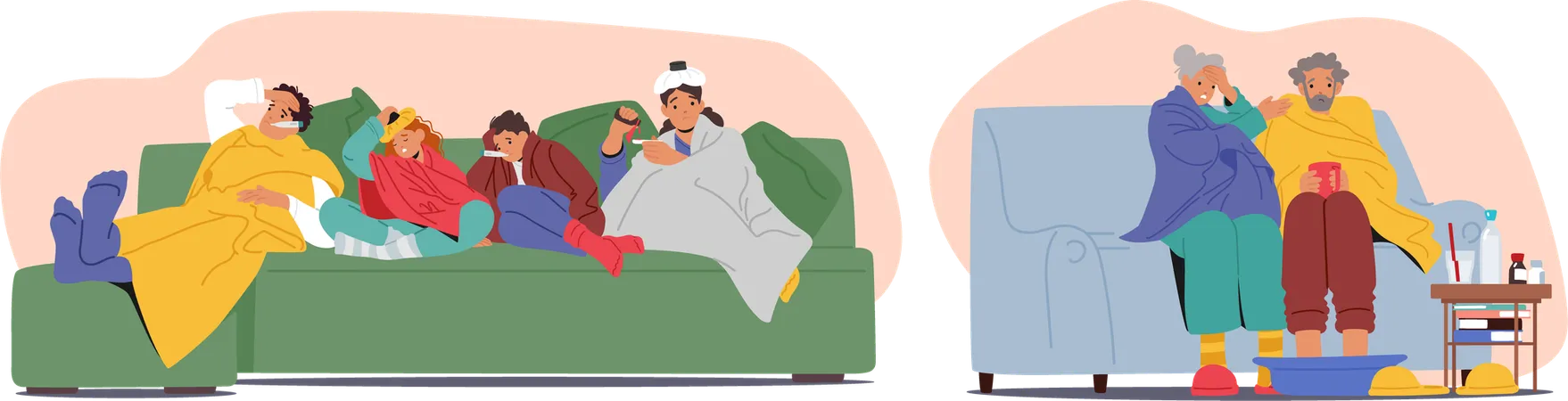 Family Of Various Ages Feeling Unwell Sitting And Lying On Couches  Illustration