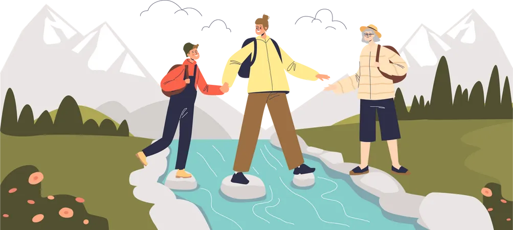 Young Family On Active Vacation Hiking In Mountains Together Parents And Kids Hikers With Backpacks Trekking Cross Mountain River Cartoon Flat Vector Illustration 일러스트레이션