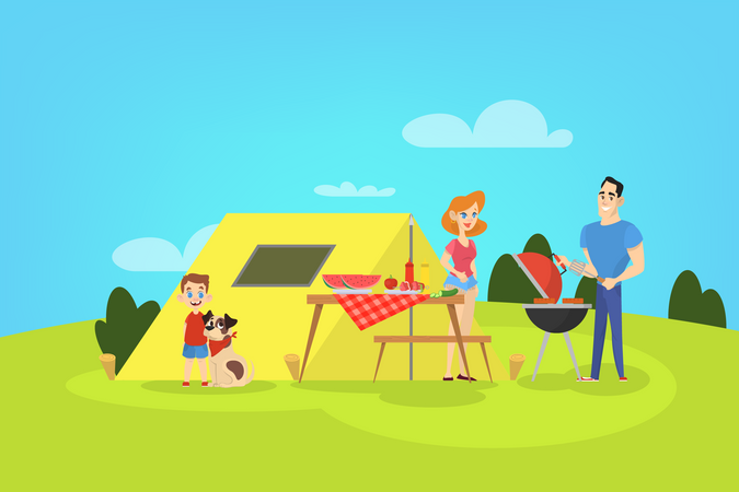 Family on BBQ party on the backyard Illustration