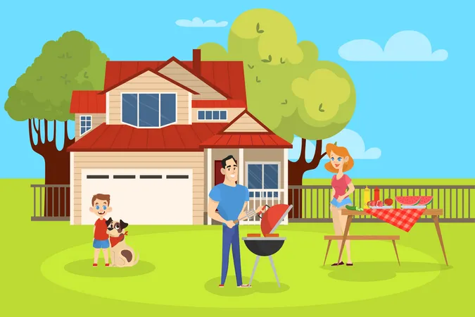 Family on BBQ party on the backyard  Illustration