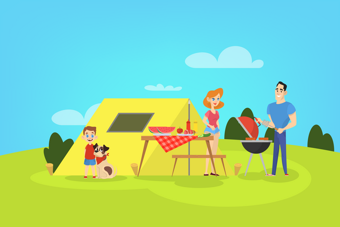 Family on BBQ party on the backyard  Illustration