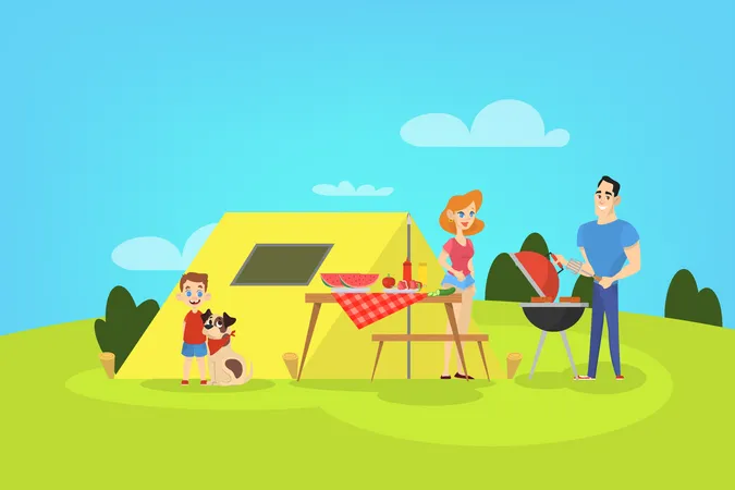 Family on BBQ party on the backyard  Illustration