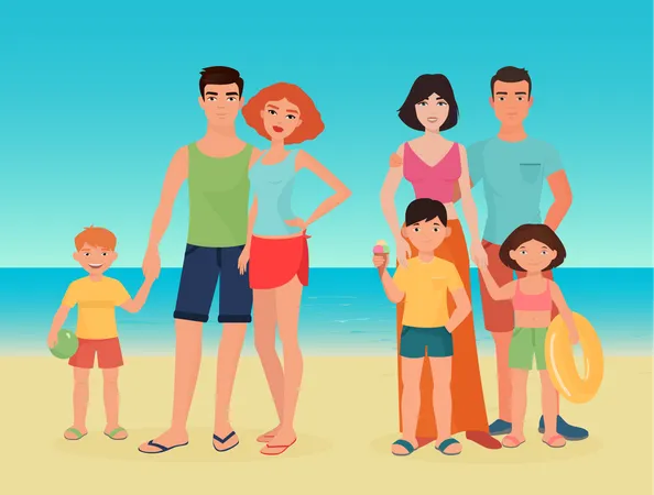 Family on beach  イラスト