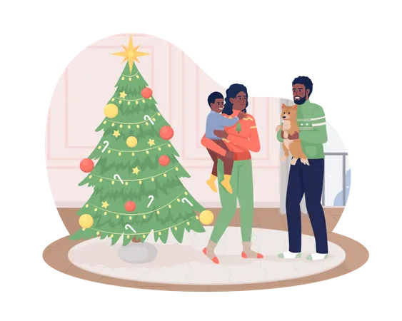Family On Christmas 2 D Vector Isolated Illustration Traditional Celebration Flat Characters On Cartoon Background Cozy House Colourful Editable Scene For Mobile Website Presentation Illustration