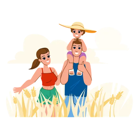 Family Field Vector Happy Nature Kid Summer Together Lifestyle Joy Fun Child Father Mother Happiness Family Field Character People Flat Cartoon Illustration Illustration