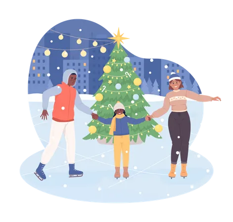 Family On Skating Rink 2 D Vector Isolated Illustration Holiday Recreation Flat Characters On Cartoon Background Christmastime Colourful Editable Scene For Mobile Website Presentation Illustration