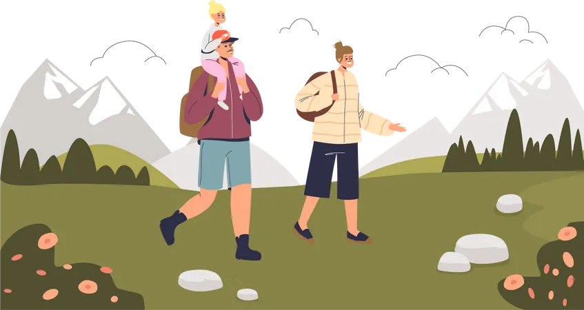 Young Family On Vacation Hiking Over Mountains Background Parents Travel Hike With Little Son Kid Mother And Father On Active Holiday In Nature Trekking Cartoon Flat Vector Illustration Illustration